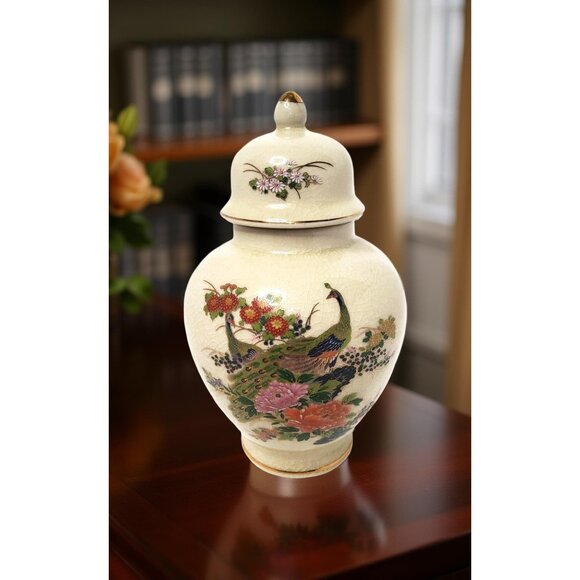 vintage japan satsuma crackle porcelain peacock and floral design ginger jar. - Picture 5 of 9